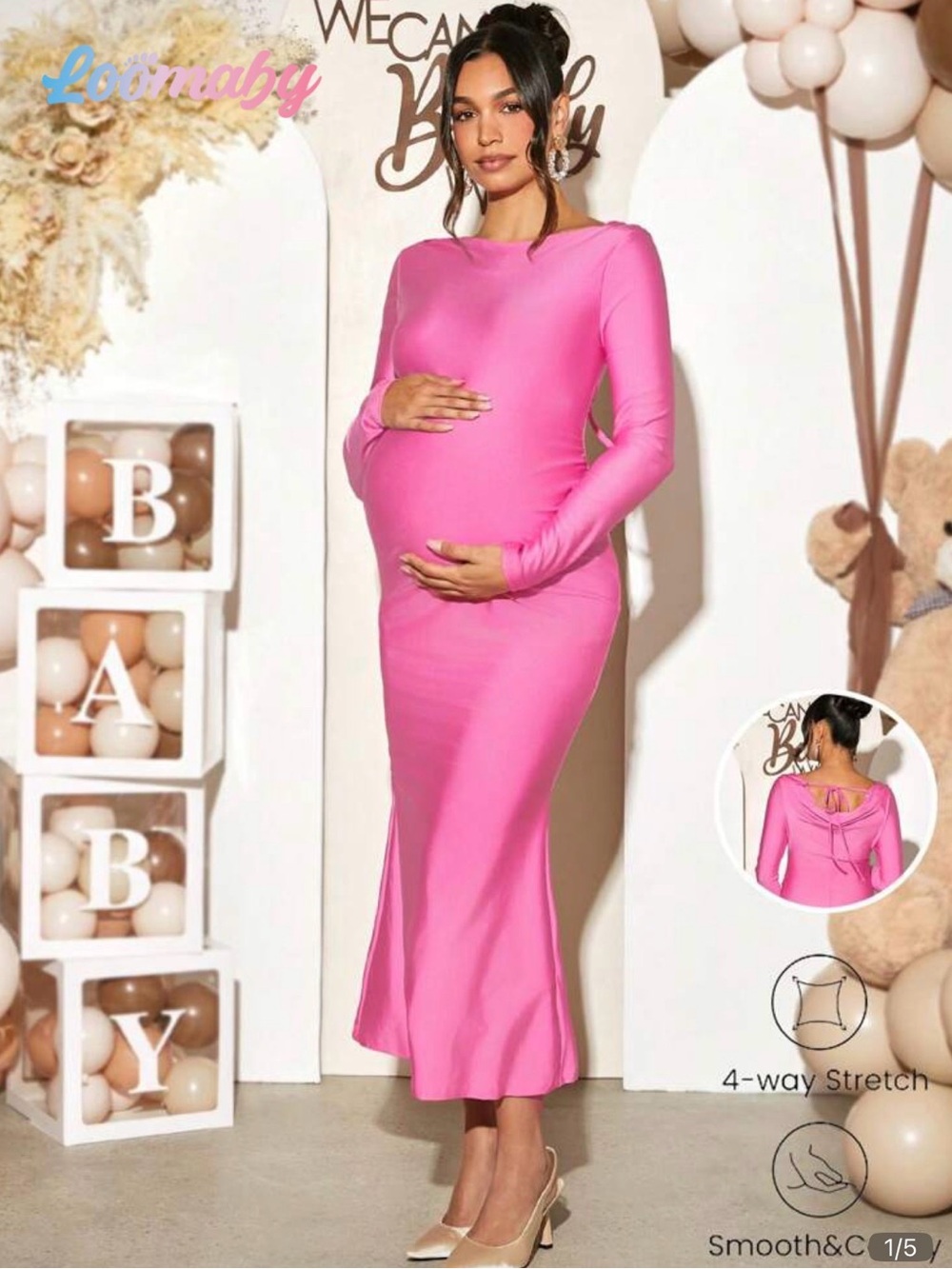 Pink Long-Sleeve Maternity Maxi Dress